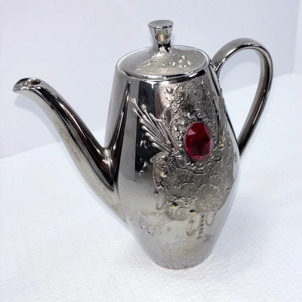 Vintage Teapot Bavaria Porzellanfabrik Porcelain Coffee Pot Silver Tone German